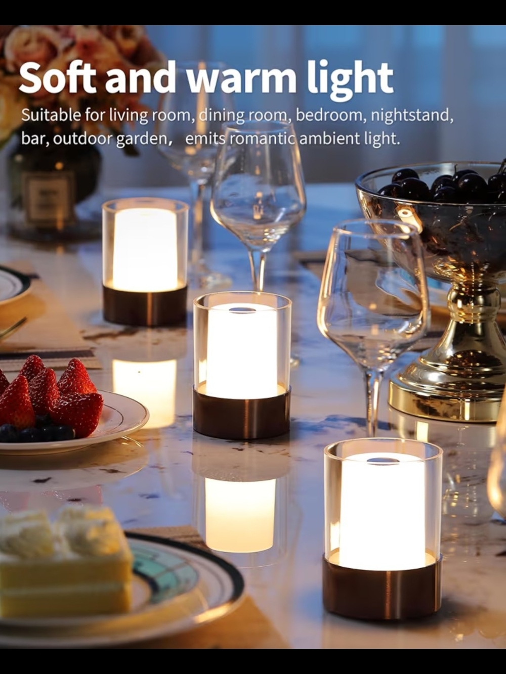 Cylinder LED Table Lamps - Set of 2, Soft And Warm, 3 Touch Levels, Rechargeable - Picture 2 of 6